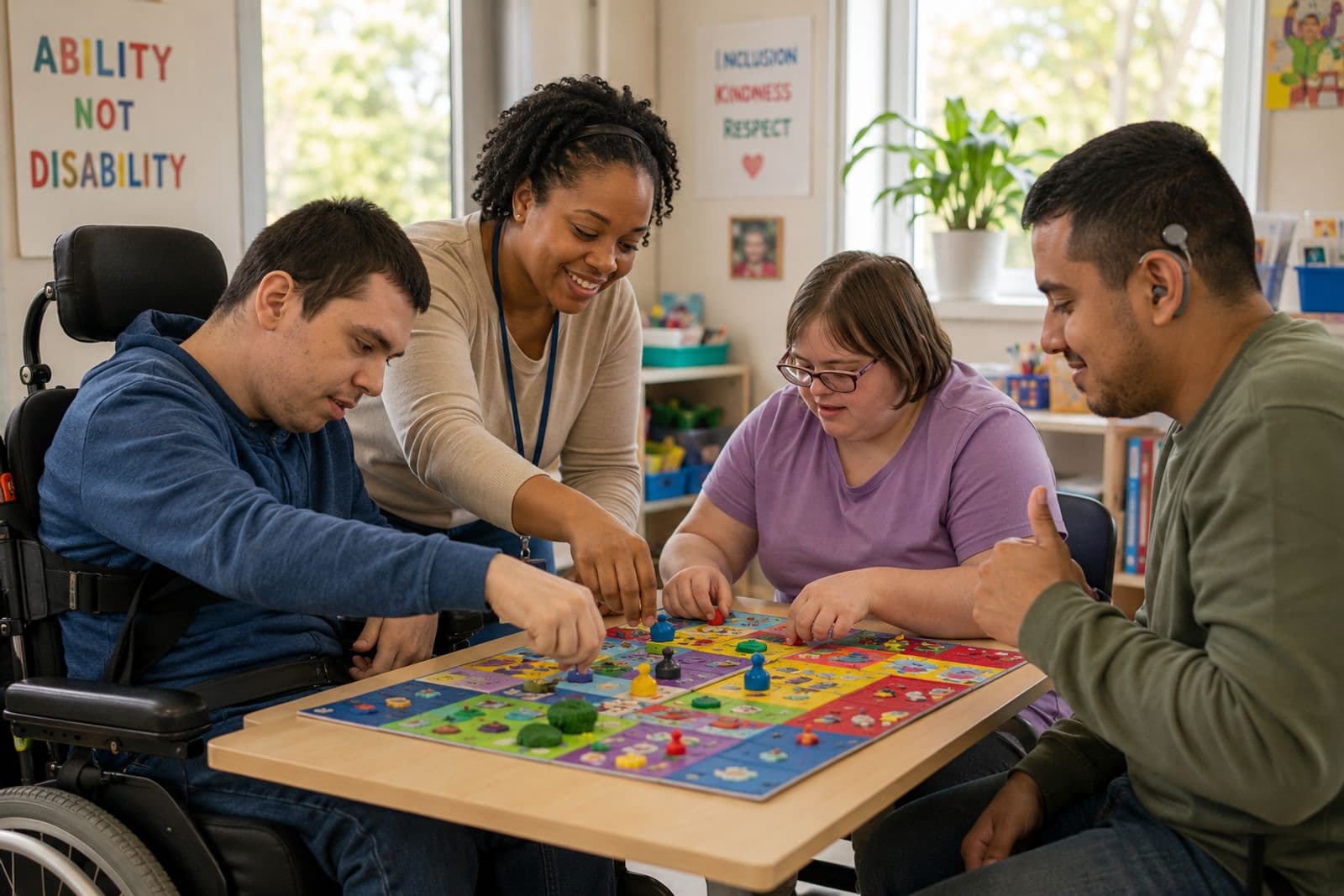 A support worker and a small group playing a colorful board game together at a table